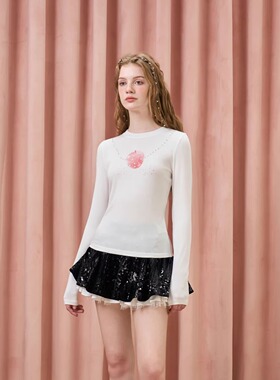 Three Quarters25AW 白色绵羊毛烫钻印花打底长袖上衣