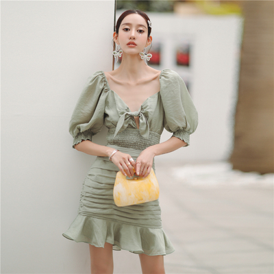 泡泡袖鱼尾半裙低胸花色