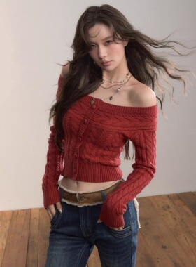 VIAPITTI 25AW 一字肩粗织麻花假门襟毛衫