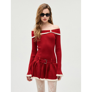 EIMISMOSOL2025AW秋冬 一字肩撞色针织连衣裙