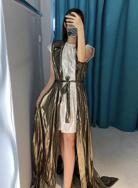 sass黑色时尚套装连衣裤金丝风衣领马甲长款外套系腰带闪闪