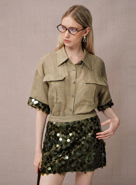 Diana Vevina 25SS早春新款 绿色亚麻亮片拼接衬衫拼接亚麻半裙