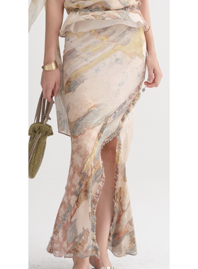 【现货】IF BY LAND设计师26ss 黄色墙壁印花雪纺开衩鱼尾半裙