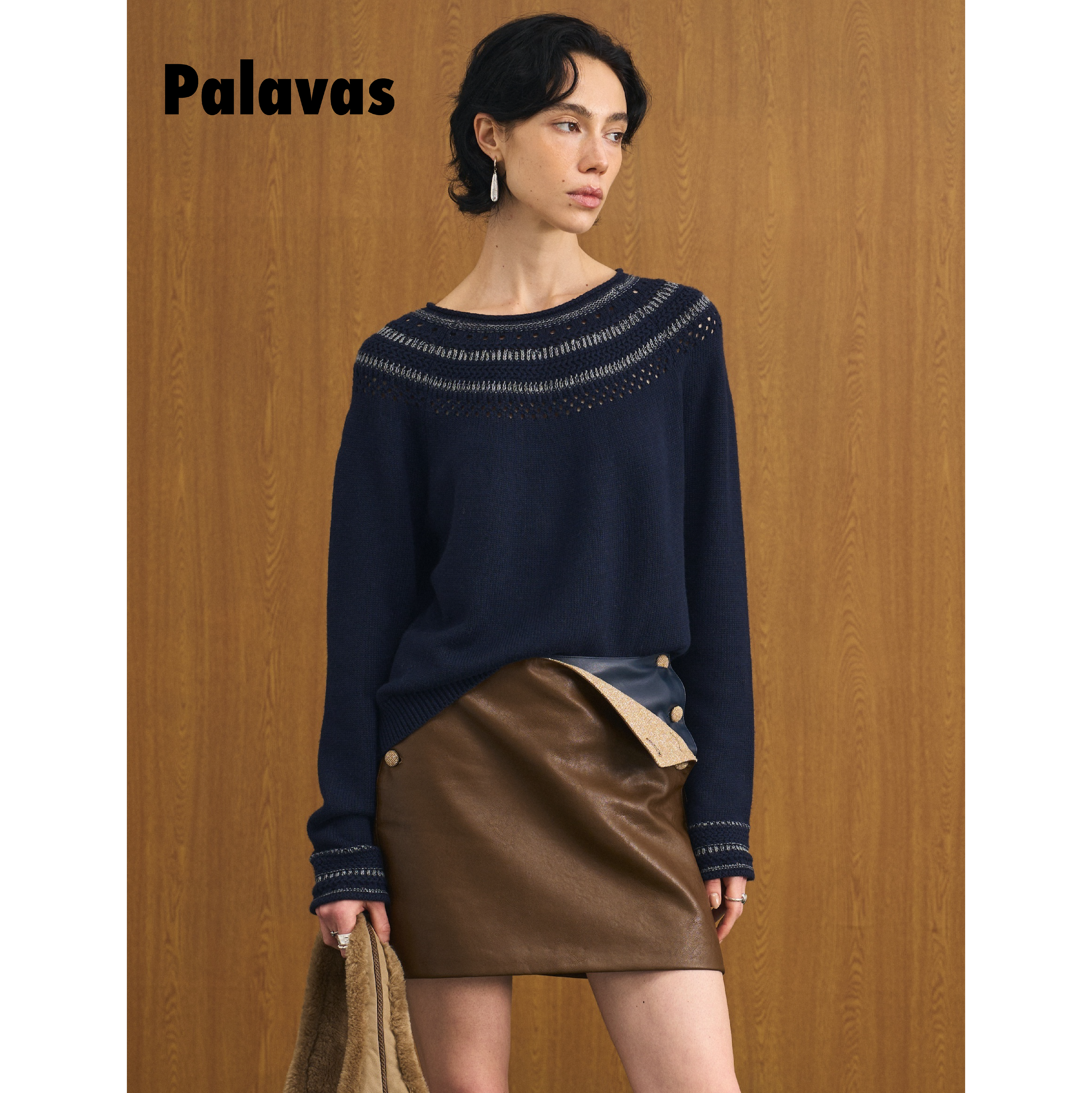 【新品】PALAVAS蓝调时刻毛衣复古拼接圆领上衣手工针织感穿搭女