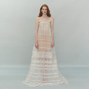 TENSION ARCHIVE透明横条不规则钉珠大摆针织抹胸裙优雅拖地长裙