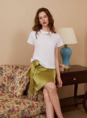 CEE CUBED官方授权25AW  白色缝钻短袖橄榄绿不规则围裹式半裙