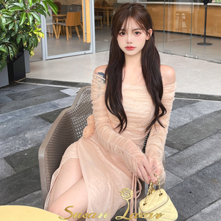 Susan 2S早秋新雾纱压褶立体花朵开叉一字肩长裙百搭 Lazar