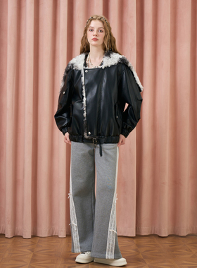 Three Quarters 25AW 灰色加绒蕾丝拼接阔腿卫裤