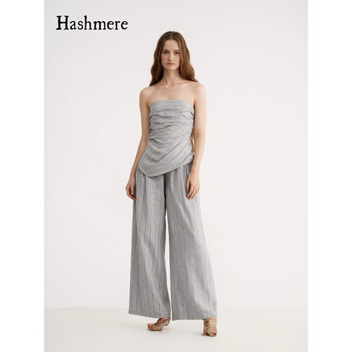 Hashmere 26SS 天丝亚麻不规则翻边斜下摆条纹抹胸直筒西裤套装