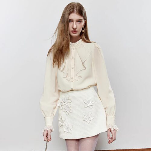 ROCHAROMA2025秋冬 荷叶边立领衬衫手工珠片皮花粗花呢半裙