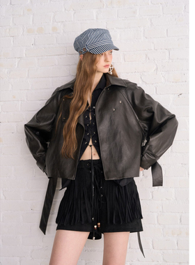 Aimme sparrow25FW 棕色短款系带皮衣