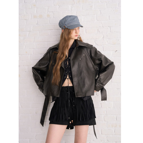 Aimme sparrow25FW 棕色短款系带皮衣