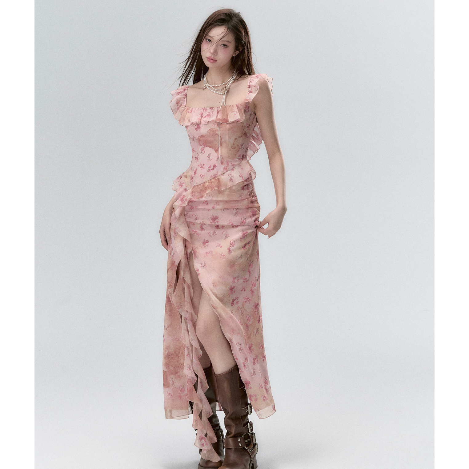 【清货折】VIAPITTI  官方早春新款晕染碎花修身侧开叉连衣裙百搭