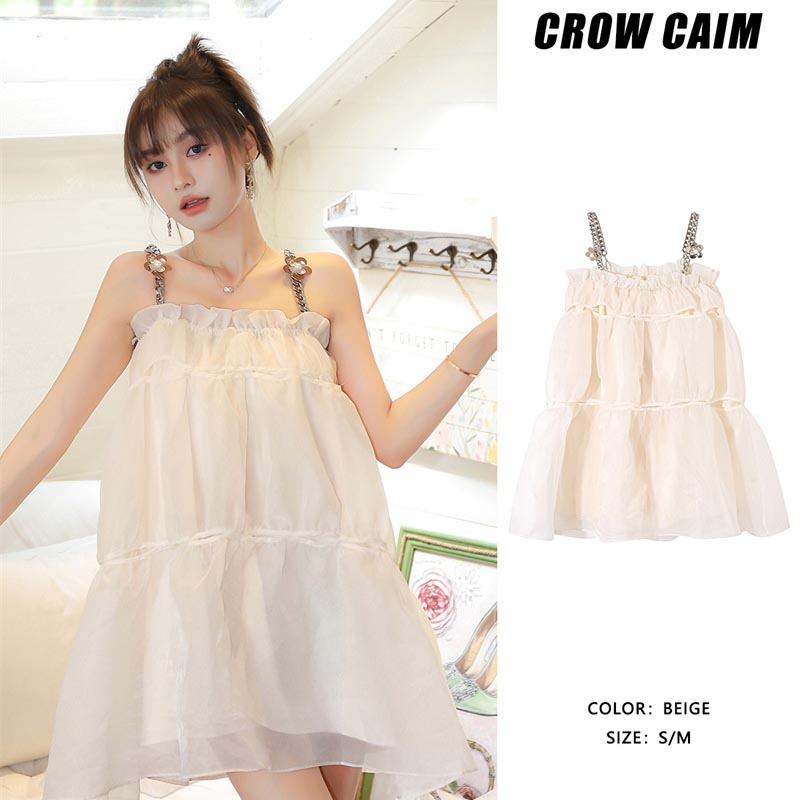 甜美CROWCAIM欧根纱蓬蓬吊带裙