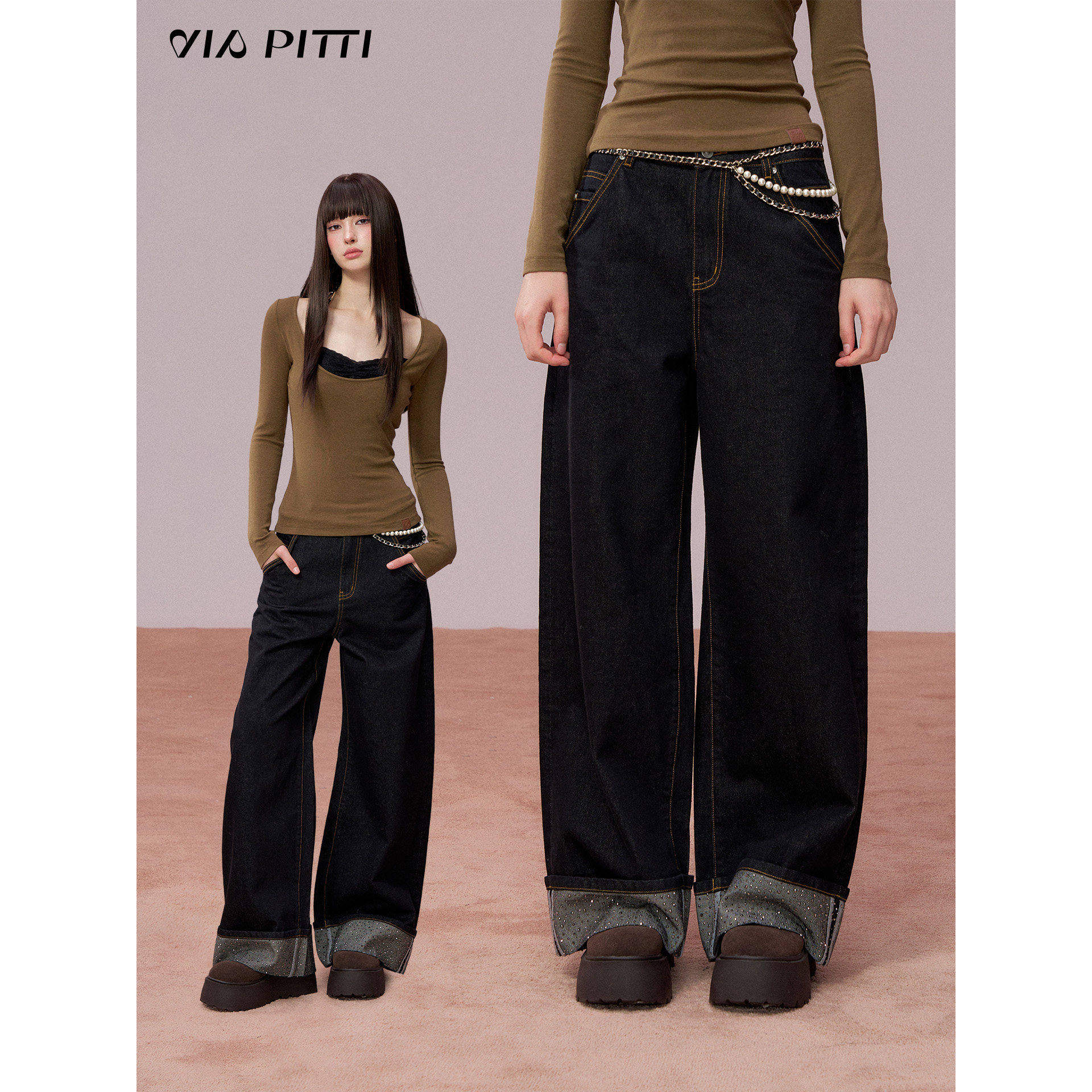 VIAPITTI设计感裤脚翻遍水钻牛仔裤女装秋冬简约复古直筒百搭长裤,女装/女士精品,时尚套装,淘宝优惠券,粉丝福利购,淘宝优惠卷
