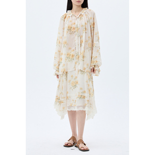 XU ZHI 26夏季新品 荷叶边装饰印花黄白衬衫 蕾丝插片印花伞裙