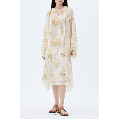 XU ZHI 26夏季新品 荷叶边装饰印花黄白衬衫 蕾丝插片印花伞裙