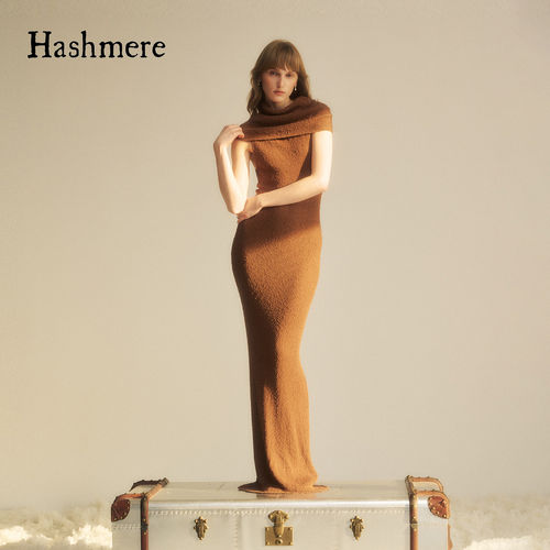 Hashmere 26AW 巧克力色豆豆棉翻领一字肩长裙多穿修身礼服连衣裙