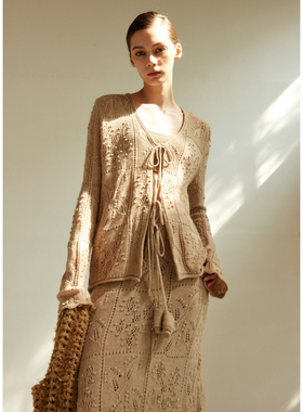 NONETONE · 织间花信系列羊驼毛镂空谷波提花针织开衫半身裙