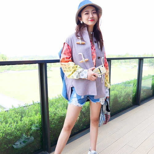 纯棉尖领牛仔拼接格子马甲