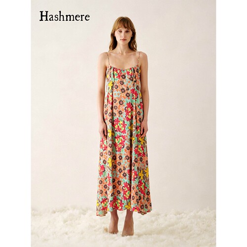 Hashmere 26SS 花朵印花桑蚕丝胸杯褶皱连衣裙彩色吊带长裙