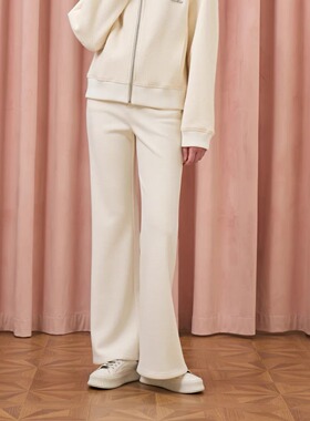 Three Quarters25AW 米色醋酸羊毛加绒高腰微喇休闲裤