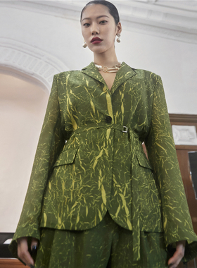 【清货折】YCH  韩国设计师品牌SS气质绿色撞色收腰西装外套裤子