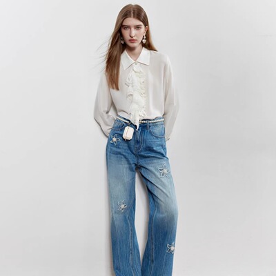 ROCHAROMA2025秋冬 压褶花边衬衫订珠贴布花牛仔裤