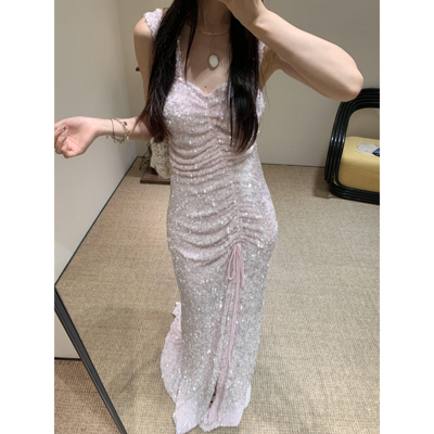 TENSION ARCHIVE 粉色抽褶亮片鱼尾拖尾连衣裙