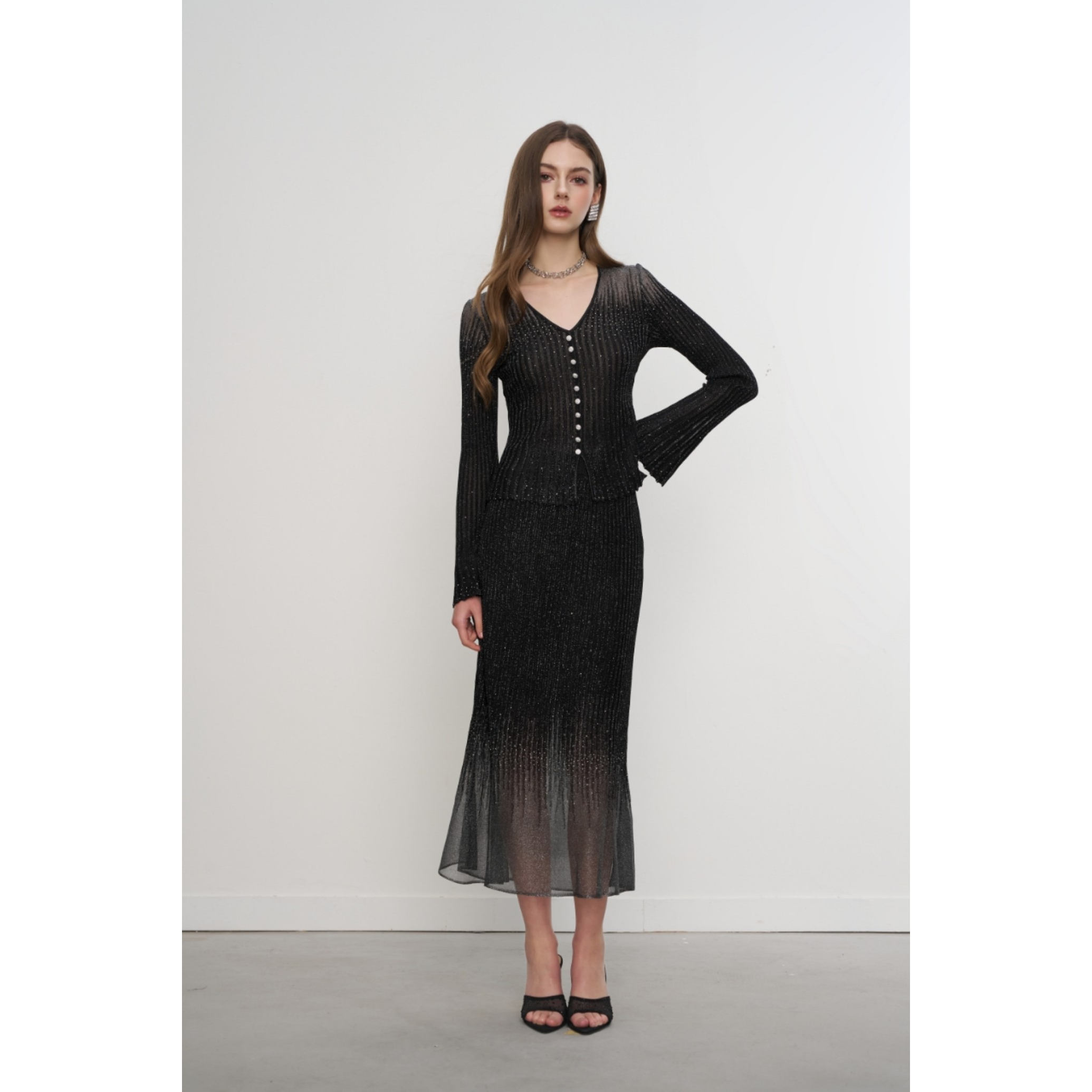 Aimme sparrow25SSS 黑色V领花边飘带西服烫钻半身裙