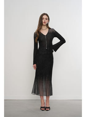 Aimme sparrow25SSS 黑色V领花边飘带西服烫钻半身裙