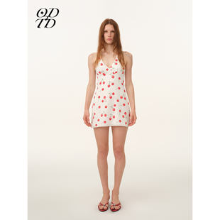 雪纺V领樱桃印花挂脖法式 ODTD26春夏新款 连衣裙女 设计师女装