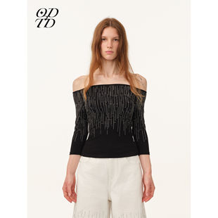 高弹满天星烫钻一字肩上衣修身 ODTD26春夏新款 显瘦 设计师女装