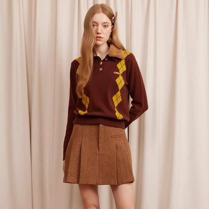 ARTE PURA25秋冬胶囊新款撞色毛领菱格毛针织衫女英伦学院风毛衣