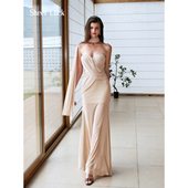 Kira网纱飘带修身 Sheer Luck 褶皱设计不对称鱼尾长裙连衣裙