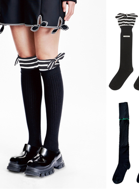设计师deepmoss2R秋冬新款条纹花结拼接长袜黑色过膝长袜