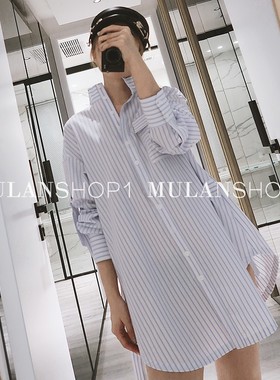 买手店【清货折S】ACLER新款条纹纽扣长袖系带装饰口袋衬衫