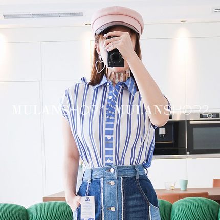 【清货折XSS】SJYP 春夏新款无袖条纹衬衫时尚短款上衣女