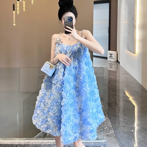 满钻蝴蝶玫瑰花吊带裙