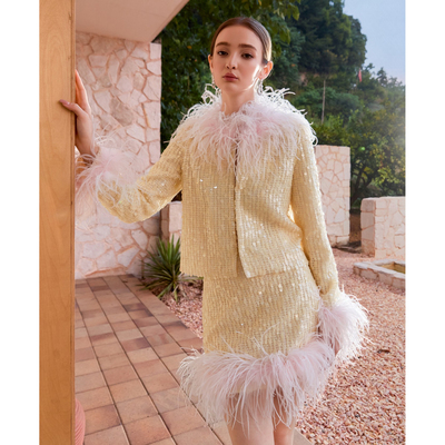 Wardrobes by chen25AW 珠⽚撞⾊⽻⽑外套珠⽚撞⾊⽻⽑半裙