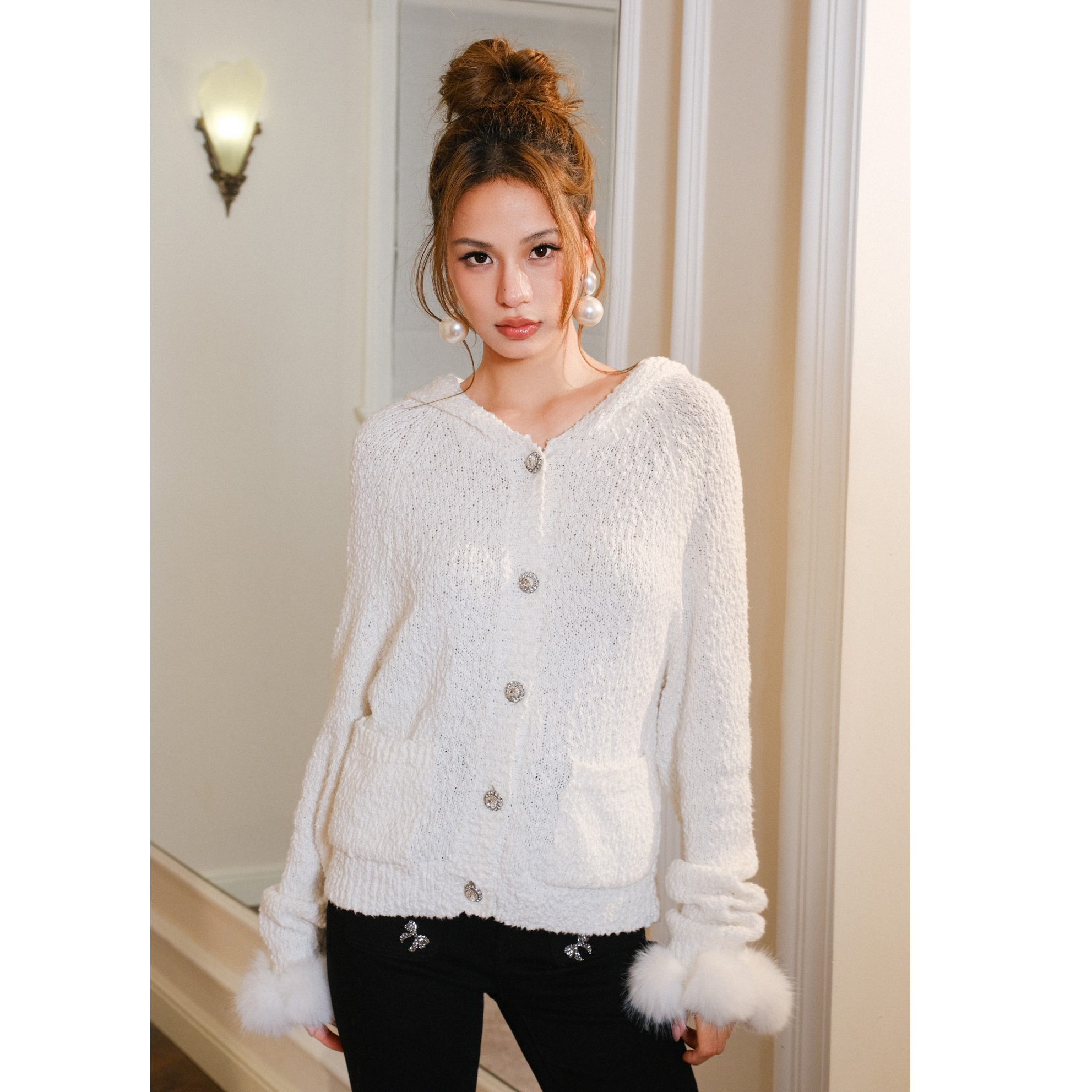 Maison Wester25秋季 法式慵懒风毛绒连帽针织小开衫牛仔喇叭裤