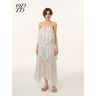 顺纡绉印花与蕾丝拼接层叠连衣裙女 ODTD26春夏新款 设计师女装