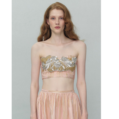 TENSION ARCHIVE印度手工坊粉金条纹拼鱼骨抹胸大裙摆蕾丝半身裙