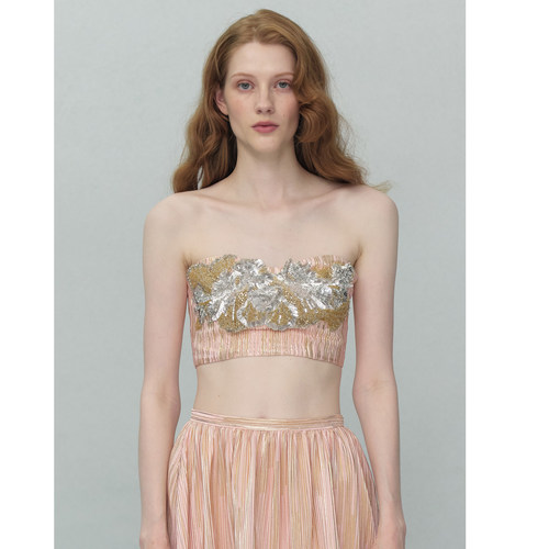 TENSION ARCHIVE印度手工坊粉金条纹拼鱼骨抹胸大裙摆蕾丝半身裙