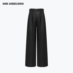 ANN ANDELMAN复古摩登黑色软柔糯羔PU皮裤冬季宽松直筒阔腿长裤子