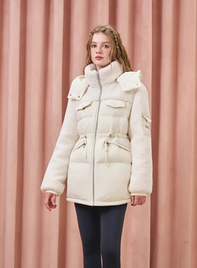 Three Quarters 25AW 白色环保羊羔毛拼接收腰羽绒服