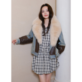 Maison Wester25秋季 浅牛仔大毛领皮草领短外套