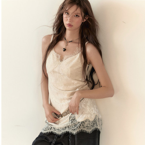 VIAPITTI重工蕾丝拼接中长款吊带背心女秋季内搭显瘦上衣打底衫