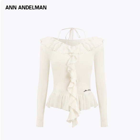 ANN ANDELMAN荷叶边一字肩长袖针织衫法式设计感别致修身上衣