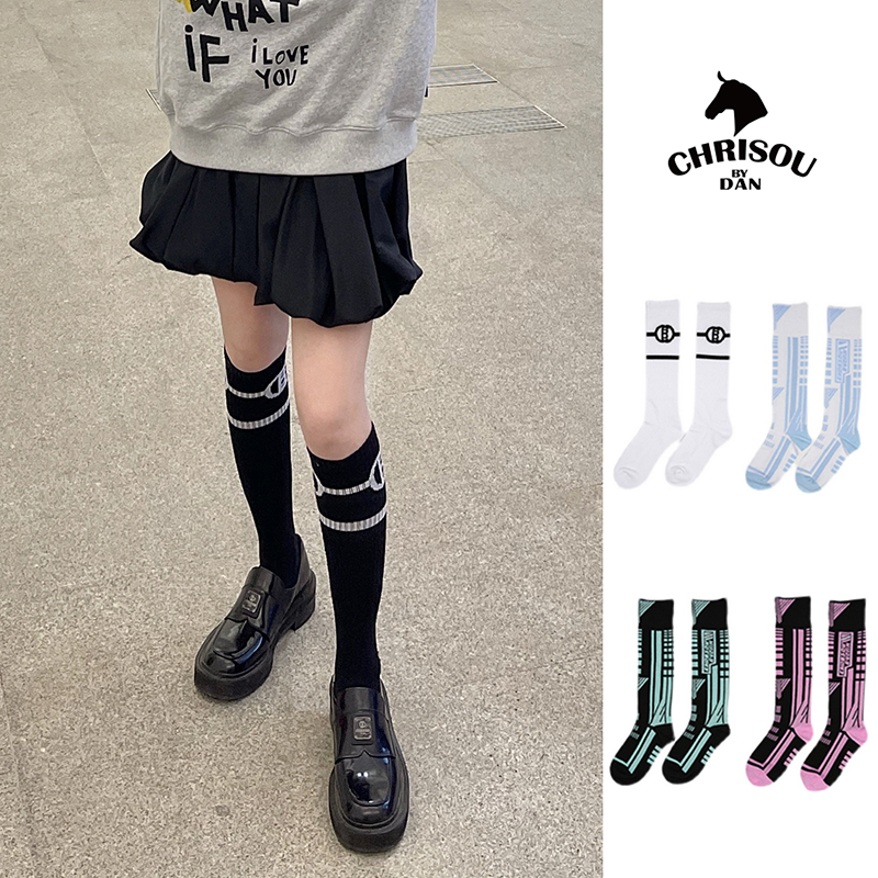 图案logo标识印潮半筒袜中筒袜子